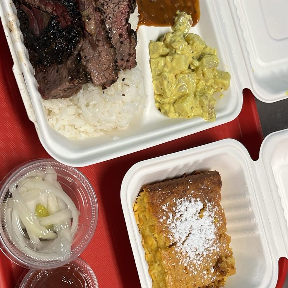 Sunset Texas Barbecue - Brisket plate with baked beans, potato salad, side cornbread, onions and pickle side, and bbq sauce - Barbeque Near Me - Honolulu, Hawaii Sunset Texas Barbecue - Brisket plate with baked beans, potato salad, side cornbread, onions and pickle side, and bbq sauce - Barbeque Near Me - Honolulu, Hawaii