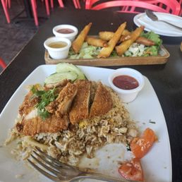Fried Rice with Fried Chicken Breast and Sweet Chili Sauce, and Fried Shrimp Roll with Sweet Chili Sauce and Plum Sauce. Fried Rice with Fried Chicken Breast and Sweet Chili Sauce, and Fried Shrimp Roll with Sweet Chili Sauce and Plum Sauce.