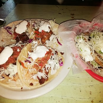 BKK Mexican & Thai  - Four fish tacos and two Crispy tacos with shredded beef. The toppings/sauces come like that by default. No extra anything. - Mexican Near Me - Berkeley, California