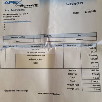 Apex Mopeds - Service work?? The exhaust is $59 to $70 with more than double the mark up value, plus they still added on extra for labor. (Generic Parts) - Motorcycle Repair Near Me - Pearl City, Hawaii Apex Mopeds - Service work?? The exhaust is $59 to $70 with more than double the mark up value, plus they still added on extra for labor. (Generic Parts) - Motorcycle Repair Near Me - Pearl City, Hawaii