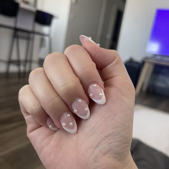 Dip nails - Gel X Full Set with French tip and pearl design added - Nail Salons Near Me - North Las Vegas, Nevada Dip nails - Gel X Full Set with French tip and pearl design added - Nail Salons Near Me - North Las Vegas, Nevada