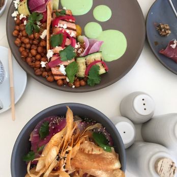 Cafe 5 - Mediterranean couscous salmon, Asian noodle salad, and California wild grain vegan salad! Yum!!! - Cafes Near Me - San Francisco, California