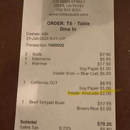 Charge on the bill for inside avocado which I didn't  order.