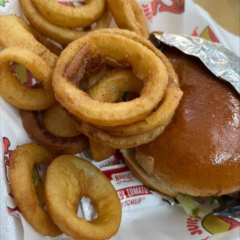 Roul's Deli - Shrimp Burger with Onion Rings. - Burgers Near Me - Baton Rouge, Louisiana