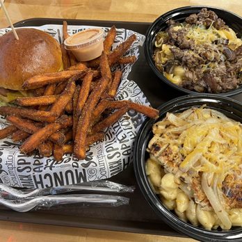 Two Maine Guys Augusta - Smokehouse burger with sweet potato fries, steak bomb mac and cheese, and cajun chicken and caramelized onion mac and cheese - Tacos Near Me - Augusta, Maine
