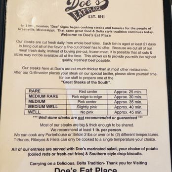 Doe's Eat Place - Menu - Sept 2026 - Steakhouses Near Me - Fayetteville, Arkansas Doe's Eat Place - Menu - Sept 2026 - Steakhouses Near Me - Fayetteville, Arkansas