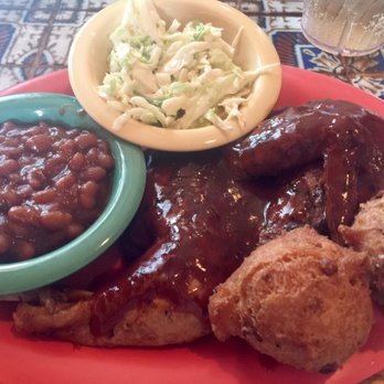 Hickory Hollow Barbeque - 1/2 chicken, baked beans, slaw, and corn fritters - Barbeque Near Me - Ellenton, Florida