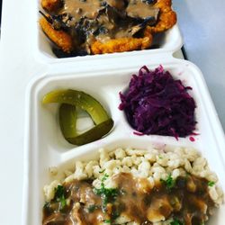 Euro Bites - Schnitzel platter with made to order German spaetzle, kosher pickles and red cabbage and apple salad, with of course the chicken schnitzel.