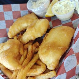 Halibut & chips with tartar and coleslaw Halibut & chips with tartar and coleslaw