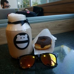 Soy chai latte with a chocolate donut