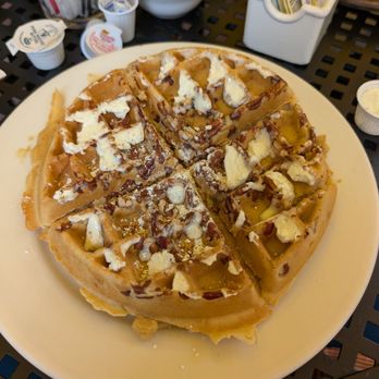 Lou Mitchell's - Pecan bacon waffles with butter - Breakfast & Brunch Near Me - Chicago, Illinois Lou Mitchell's - Pecan bacon waffles with butter - Breakfast & Brunch Near Me - Chicago, Illinois
