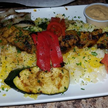 Francesco's Cafe - Lamb kabobs with saffron rice, grilled squash and red pepper. - Persian/Iranian Near Me - Rancho Mirage, California
