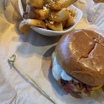 Cin Cin Burger BAR - Burger creation: 6oz Bison burger,brioche bun, roasted garlic aïoli, ketchup, cheddar cheese and applewood bacon. with Santorini fries. - Burgers Near Me - Winston-Salem, North Carolina Cin Cin Burger BAR - Burger creation: 6oz Bison burger,brioche bun, roasted garlic aïoli, ketchup, cheddar cheese and applewood bacon. with Santorini fries. - Burgers Near Me - Winston-Salem, North Carolina