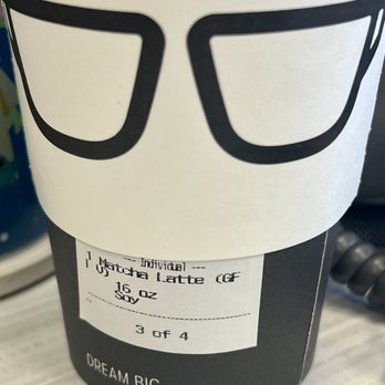 Gregorys Coffee - Iconic cup design with those glasses - my Matcha Latte (GF V) - Coffee & Tea Near Me - Paramus, New Jersey
