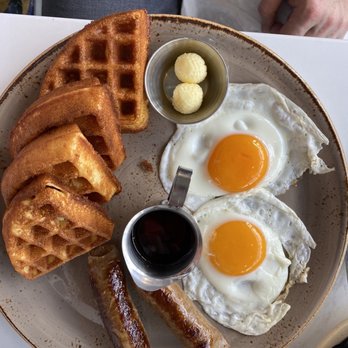 OEB Breakfast - Langley - Not-so-boring Brioche French Toast and the Threesome with Maple Pork Bangers and Waffle. - Breakfast & Brunch Near Me - Langley, British Columbia