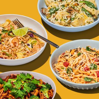 Noodles and Company - three bowls of food on a yellow background - Noodles Near Me - Bloomington, Indiana Noodles and Company - three bowls of food on a yellow background - Noodles Near Me - Bloomington, Indiana