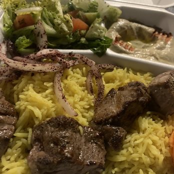Baba K - Filet mignon, medium rare with rice, salad, humus - Mediterranean Near Me - Rancho Cucamonga, California Baba K - Filet mignon, medium rare with rice, salad, humus - Mediterranean Near Me - Rancho Cucamonga, California
