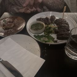 Skirt steak potatoes gratin , Lobster ravioli