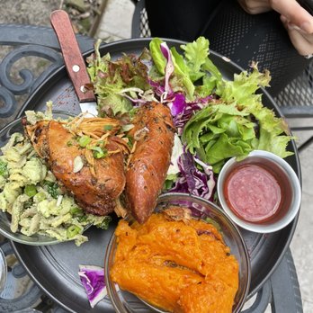 Scratch Farm Kitchen - Pretty plate with chicken, pesto pasta, and sweet potato - Breakfast & Brunch Near Me - Lafayette, Louisiana Scratch Farm Kitchen - Pretty plate with chicken, pesto pasta, and sweet potato - Breakfast & Brunch Near Me - Lafayette, Louisiana