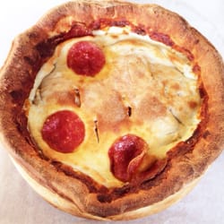 Manhattan Chicago Pizza - Pre-sauced Chicago style half-pepperoni pie.