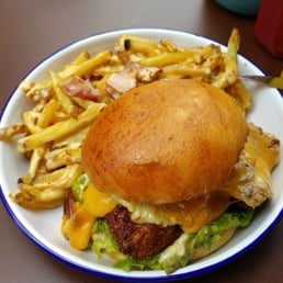 Chicken burger with bacon cheese fries
