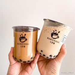 Baroness - (Left)Peach Oolong Oat Milk Tea (M $5.7) (Right)Brown Sugar + Organic milk (M $5.95)