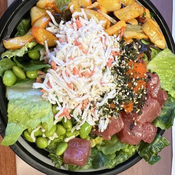 Pokeway - Medium Bowl - ahi with yuzu wasabi and calamari salad with tobiko, edamame, crab salad topped with furikake - Poke Near Me - Honolulu, Hawaii Pokeway - Medium Bowl - ahi with yuzu wasabi and calamari salad with tobiko, edamame, crab salad topped with furikake - Poke Near Me - Honolulu, Hawaii