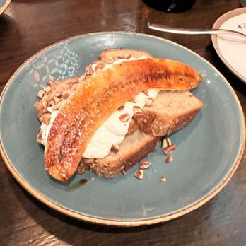 The Front Yard - Banana Bread, with a brûlée banana and whipped mascarpone. - Breakfast & Brunch Near Me - North Hollywood, California The Front Yard - Banana Bread, with a brûlée banana and whipped mascarpone. - Breakfast & Brunch Near Me - North Hollywood, California