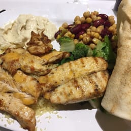 Grilled chicken kebab with hummus and pita, salad, and chick peas and kidney beans from the food court