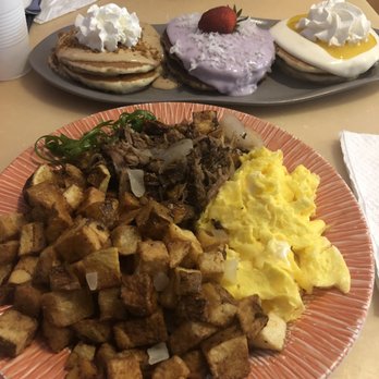 My Cafe - Garlic kalua pork with potatoes and scrambled eggs with flight of pancakes to share. - Breakfast & Brunch Near Me - Kapolei, Hawaii My Cafe - Garlic kalua pork with potatoes and scrambled eggs with flight of pancakes to share. - Breakfast & Brunch Near Me - Kapolei, Hawaii