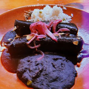 El Alma - braised shredded duck enchilada in pasilla mole with almonds and pickled onions - Mexican Near Me - Austin, Texas El Alma - braised shredded duck enchilada in pasilla mole with almonds and pickled onions - Mexican Near Me - Austin, Texas