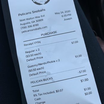 Pelican's SnoBalls - Receipt - great prices! - Shaved Ice Near Me - Augusta, Georgia