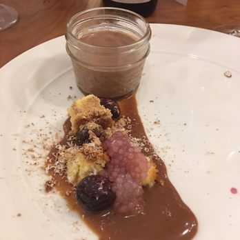 FLX Table - Chocolate panda cotta, salted Carmel sauce, cherry tapioca beads and yumminess!!! - New American Near Me - Geneva, New York