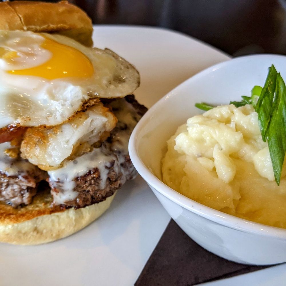 110 Grill Canton - The "Cure" burger with garlic mashed potatoes - New American Near Me - Canton, Connecticut