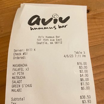 Aviv Hummus Bar - Receipt - Falafel Near Me - Seattle, Washington