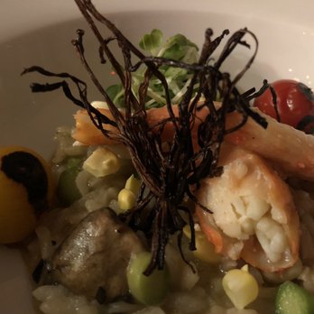 nyloS - Crab risotto with charred tomatoes, corn topping and crispy mushrooms - New American Near Me - Paia, Hawaii