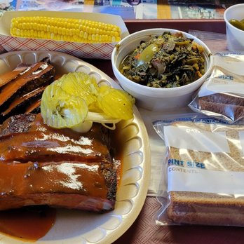 Central Texas Style BBQ - Dinner meal, 2 meats - brisket, St. Louis Ribs, collared greens, corn on the cob - Barbeque Near Me - Pearland, Texas Central Texas Style BBQ - Dinner meal, 2 meats - brisket, St. Louis Ribs, collared greens, corn on the cob - Barbeque Near Me - Pearland, Texas