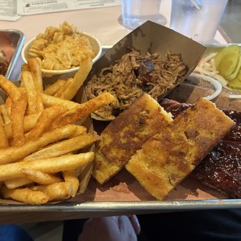 Blue Oak BBQ - Pick 3 -Three Meat Plate - -Pulled Pork, -Beef Brisket, ribs, corn bread, -Roasted Garlic Mac & Cheese, -Beef Fat Fries - Barbeque Near Me - Huntsville, Alabama