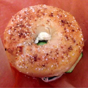 Bean Traders - Cool Cat bagel: everything bagel with onion and chive cream cheese with cucumber. - Coffee & Tea Near Me - Durham, North Carolina Bean Traders - Cool Cat bagel: everything bagel with onion and chive cream cheese with cucumber. - Coffee & Tea Near Me - Durham, North Carolina