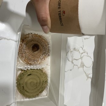 Cafe Terrace - Chestnut tart, Matcha Tart and Hot Hazelnut Latte. Packaging is ultra cute :) - Cafes Near Me - Bayside, New York