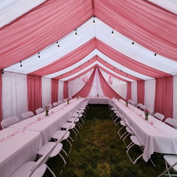 Bustamante Party Supplies - Pink and white draping with lights. - Party Equipment Rentals Near Me Bustamante Party Supplies - Pink and white draping with lights. - Party Equipment Rentals Near Me