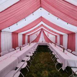Bustamante Party Supplies - Pink and white draping with lights.