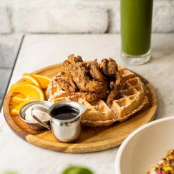 Cafe Gratitude - I AM HOSPITABLE - Gluten-free 'Chikn & Waffles' with a cold-pressed green juice