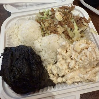 Hana Hawaiian Barbeque - Lau lau and kalua pork! I should've unwrapped the leaves first! Lol - Hawaiian Near Me - San Bruno, California
