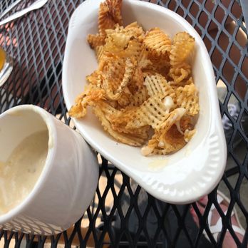 Green Street Tavern - Slightly waffled pub chips - with the blue cheese beer soup as a dip (kinda like Irish rarebit - not strong blue cheese at all). - Barbeque Near Me - Galena, Illinois Green Street Tavern - Slightly waffled pub chips - with the blue cheese beer soup as a dip (kinda like Irish rarebit - not strong blue cheese at all). - Barbeque Near Me - Galena, Illinois