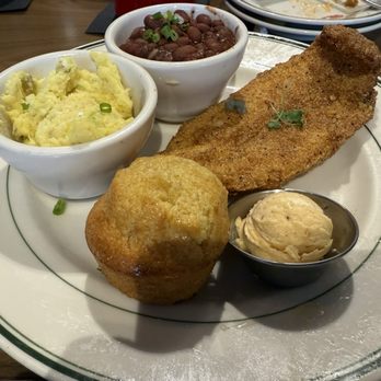 Fixins - Fried fish, cornbread muffin, potato salad red beans and rice - Soul Food Near Me - Detroit, Michigan Fixins - Fried fish, cornbread muffin, potato salad red beans and rice - Soul Food Near Me - Detroit, Michigan