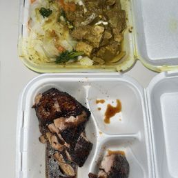 Curry goat with veggies and Jerk Chicken Curry goat with veggies and Jerk Chicken
