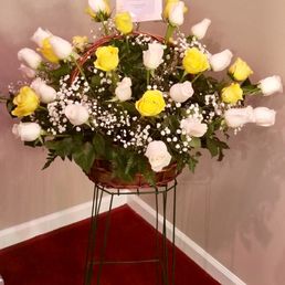 Gorgeous basket of yellow and white roses, for my 97 y/o grandmothers funeral.