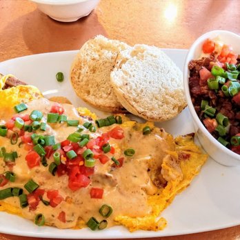 Another Broken Egg Cafe - Mardi Gras Omelette with City Grits - Breakfast & Brunch Near Me - Pensacola, Florida