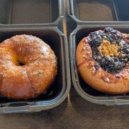 Garlic bagel and triple berry bagel